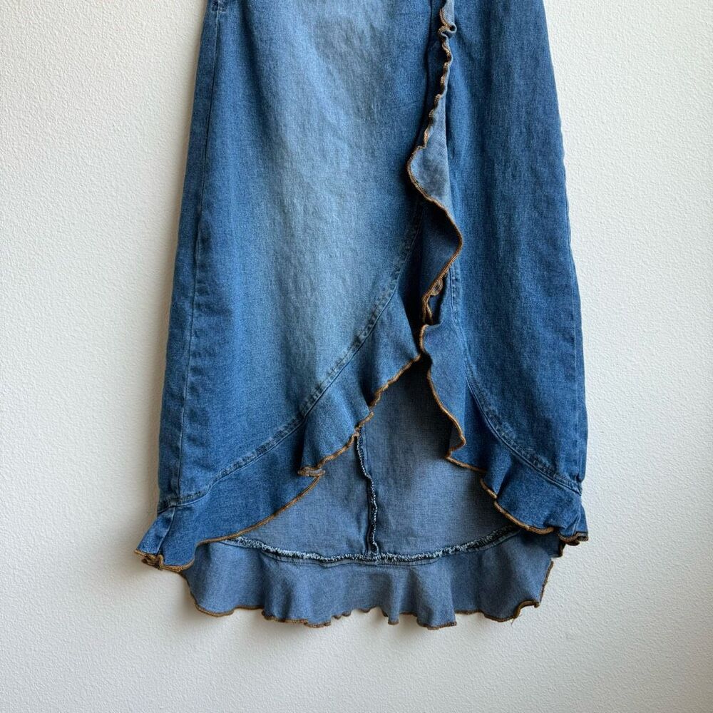 Vintage One Shoulder Denim Blue Ruffle Mini Dress Y2K 2000’s Size Small Made USA - Picture 2 of 7